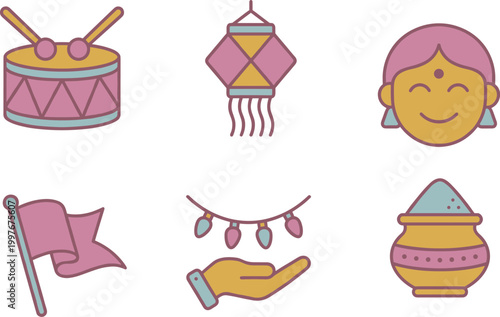 Traditional Indian festival icon set featuring dhol drum, decorative lantern, woman face, flag, festive lights, and holi color powder bowl, celebration.