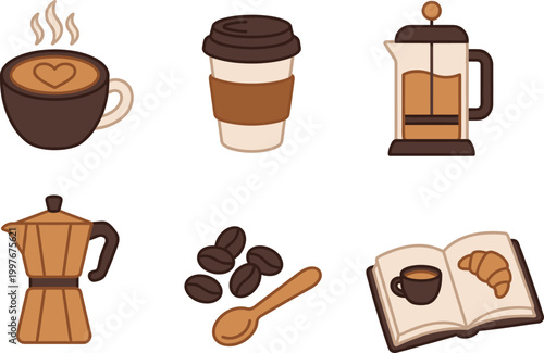 Set of minimalist coffee culture icons featuring a hot latte cup, takeaway mug, French press, Moka pot, roasted beans, and book.