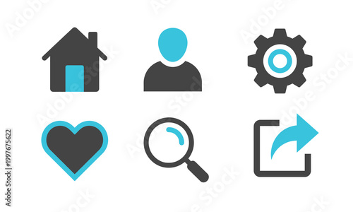 Clean flat UI icon set including home, user profile, settings gear, heart favorite, search magnifying glass, and share arrow symbols.