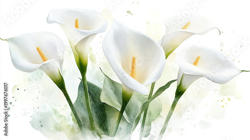 Elegant watercolor composition with white calla lilies and green leaves on light background Generative AI