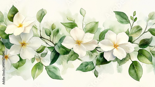 Delicate watercolor jasmine flowers with green leaves illustration, horizontal floral composition Generative AI