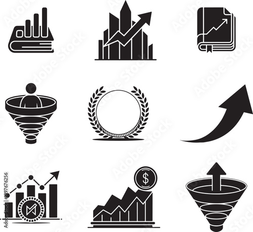 Business Silhouette Vector Icon Set – Modern Corporate Office, Finance, Marketing, Startup, Teamwork and Leadership Silhouette Symbols Collection, Professional Company and Management Icons Pack, Minim