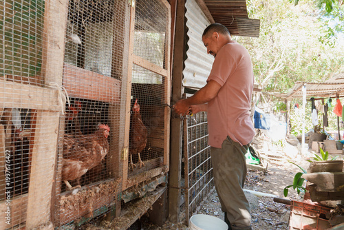 Latin american man working on small poultry farm