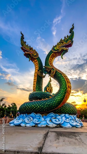 Large, ornate sculpture of two intertwined, emerald green serpents with gold accents and crests against a sunset sky