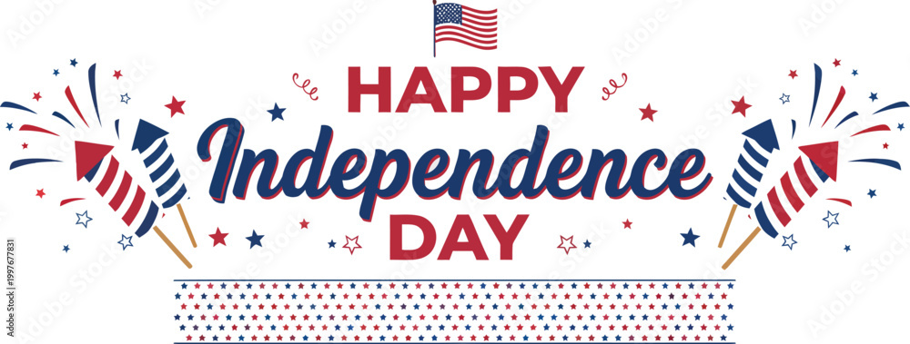 Obraz premium Festive happy independence day illustration with fireworks and american flags
