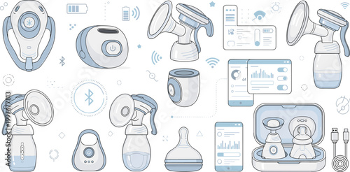 Breast Pump and Baby Feeding Equipment Set with Electric Milk Extractor Devices, Bottles, Storage Accessories, and Modern Mother Care Vector Line Icons