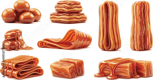Caramel Candy and Toffee Collection with Sticky Sweet Layers, Dripping Syrup Textures, Chewy Dessert Pieces, and Realistic Confectionery Vector Set