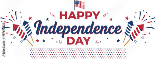 Festive happy independence day illustration with fireworks and american flags