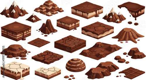 Chocolate Dessert and Cocoa Powder Collection with Cakes, Bars, Truffles, and Sweet Treat Elements, Realistic Confectionery Food Vector Icon Set