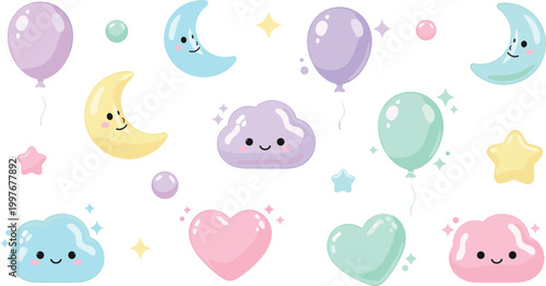 Cute Kawaii Night Elements Set with Smiling Moon, Balloons, Hearts, Stars, and Pastel Characters for Baby Shower, Kids Design, and Nursery Illustration