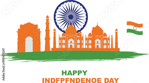 Indian independence day illustration taj mahal india gate and national flag