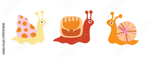 Cute simple cartoon snail set. Funny doodle childish characters. Bright colors, simple graphic. Doodle Nursery snail character. Children's illustration. Print, sticker, dopamine.
