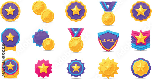 Game Achievement Icons Set with Gold Medals, Star Badges, Coins, Level Shields, and Reward Symbols for Mobile Games, Apps, and Gamification Design