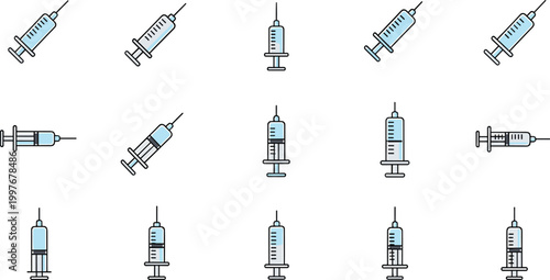 Medical Syringe Icon Set with Injection Tools, Vaccine Needles, Minimal Line Style Healthcare Symbols for Hospital, Pharmacy, and Clinical Design