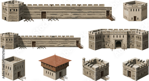 Medieval Fortress Buildings and Walls Set with Stone Towers, Gates, Barracks, and Defensive Structures for Strategy Games, Historical Scenes, and Architecture Design