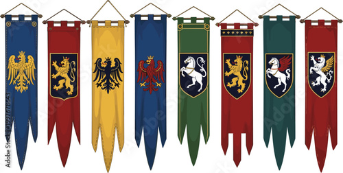 Medieval Heraldic Banner Collection with Royal Kingdom Flags, Lion Crests, Eagle Symbols, and Noble Coat of Arms for Fantasy, History, and Strategy Design
