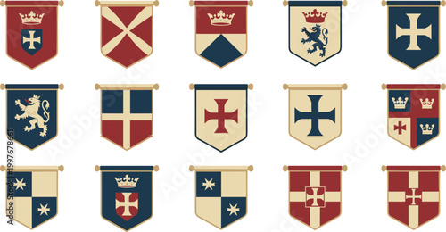 Medieval Heraldic Banner Set with Royal Shields, Kingdom Flags, Knight Emblems, and Vintage Coat of Arms for History, Fantasy, and Strategy Design