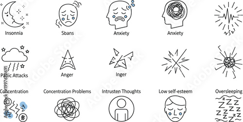 Mental Health and Emotional State Icon Set with Anxiety, Depression, Stress, Panic, Sleep Disorders, and Psychological Condition Symbols Vector Collection