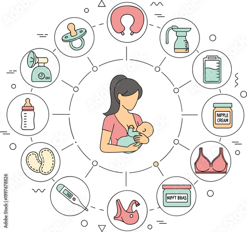 Pregnancy Care Infographic with Expecting Mother, Health Monitoring, Nutrition, Medical Checkups, and Prenatal Wellness Icons in Circular Vector Illustration Design