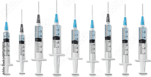 Realistic Medical Syringe Collection with Transparent Barrels, Blue Needles, and Injection Equipment for Vaccination, Healthcare, Hospital, and Pharmaceutical Design