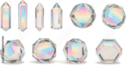 Vector Illustration Set of Iridescent Holographic Crystals and Prismatic Gemstones with Rainbow Light Refraction for Creative Graphic Design and Modern Decorative Backgrounds