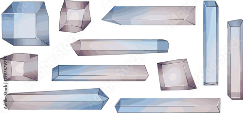 Vector Set of Light Blue and Transparent Crystal Prism Columns and Geometric Mineral Gemstones for Science, Laboratory, and Modern Jewelry Design Assets
