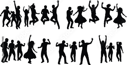 Group of dancing people silhouettes in dynamic poses isolated on white background for party and celebration conceptsGroup of dancing people silhouettes in dynamic poses isolated 