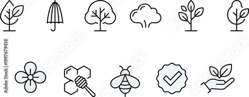 Minimalist line icons of leaves, trees, flowers, bees, and eco-friendly symbols for sustainability designMinimalist line icons of leaves, trees, flowers, bees, and eco-friendly 