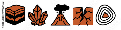 Geology and Earth Science Vector Icon Set - Minimalist Hand-Drawn Elements: Volcano, Crystals, Tectonic Crack, Soil Strata, and Earth Core
