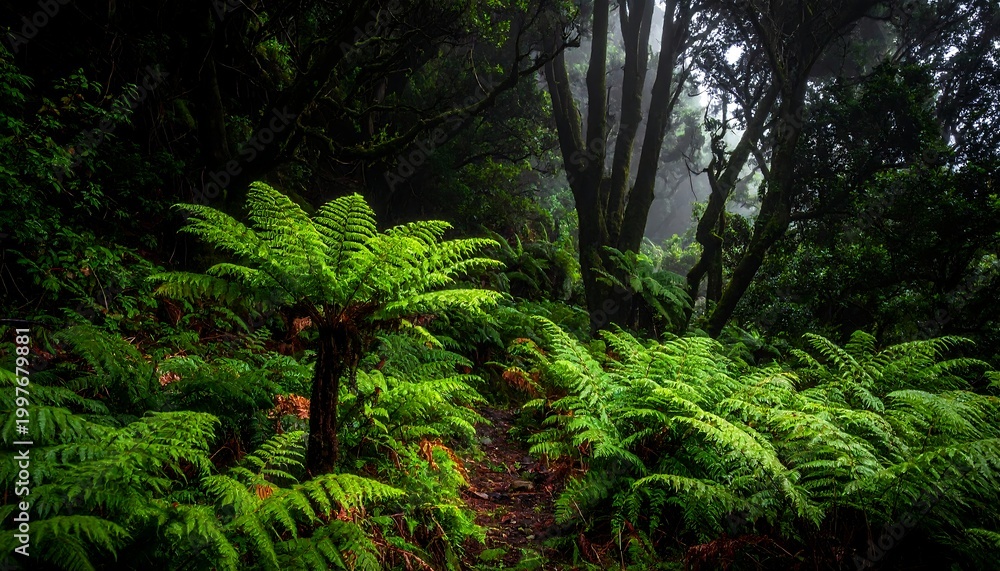 Fototapeta premium Lush, verdant forest scene with ferns and other foliage illuminated by soft light. A path winds through the vibrant undergrowth, leading into shadows