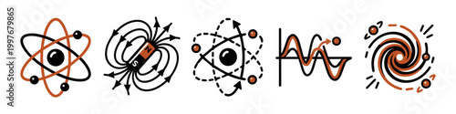 Theoretical Physics and Quantum Science Vector Icon Set - Hand-Drawn Minimalist Symbols: Atom, Magnetism, Waveform and Galaxy