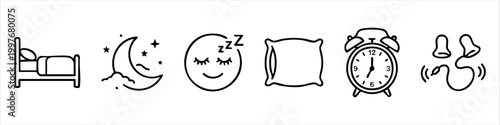 Set of Sleep and Nighttime Related Line Icons: Bed, Moon, Sleeping Face, Pillow, Alarm Clock, and Earplugs
