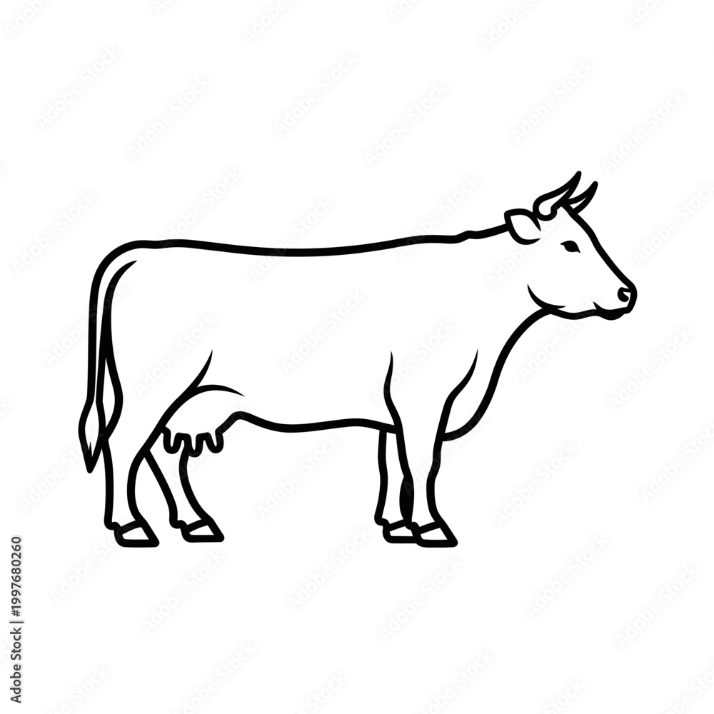 Fototapeta premium Simple outline of a cow standing in profile, showcasing its form and features.