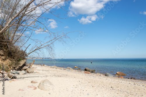 A white sandy beach and blue sea on a sunny spring day. Trees growing on a cliff.