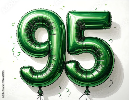 Large, shiny green foil balloons form the number ninety-five against a crisp white backdrop. Metallic accents and curly ribbon add festive touch