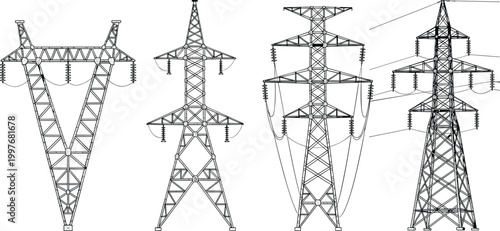 Cartoon illustrated electrical transmission towers collection featuring lattice steel pylons power lines insulators engineering infrastructure energy artwork scene