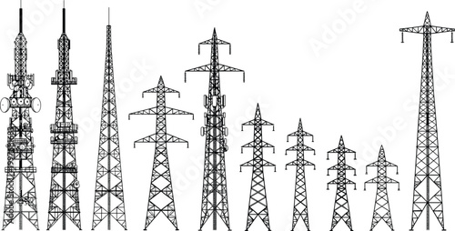 Cartoon illustrated communication and transmission towers silhouettes collection featuring antennas satellite dishes lattice steel pylons engineering infrastructure artwork scene