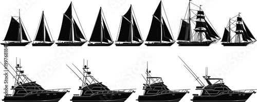 Cartoon illustrated sailboats and motor yachts silhouettes collection featuring tall ships cabins antennas rigging creative maritime artwork nautical scene