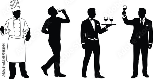 Collection of Professional Silhouettes Featuring Chef Waiter and Gentlemen Tasting Wine for Restaurant Catering Service and Fine Dining Hospitality Events