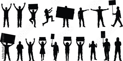 Set of Protester Silhouettes Holding Blank Placards and Signs During a Peaceful Demonstration Rally or Social Justice Activism Event