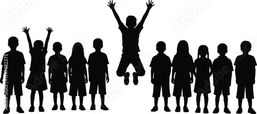 Foto Silhouette of Group of Children Standing Together with One Boy Jumping in Joy fo