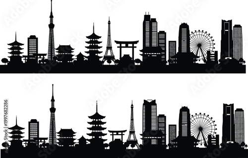 Silhouette of Tokyo Japan City Skyline Featuring Famous Landmarks Pagodas Temples and Modern Skyscrapers for Travel Tourism and Asian Culture Concepts