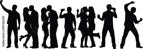 Silhouette of Young People Group Partying Kissing Taking Selfies and Dancing at Nightclub Event or Romantic Wedding Celebration Gathering