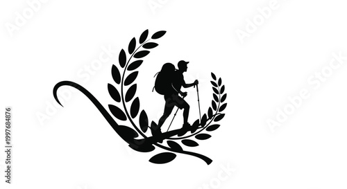 Hiker is shown as a black silhouette walking through a stylized laurel wreath, carrying a large backpack and using trekking poles during an adventurous outdoor mountain hike.