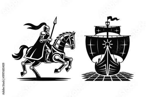 Vector illustration of a knight on horseback and a sailing ship with equestrian