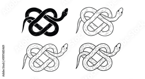 The snake is depicted in a collection of four linear and solid black silhouettes showing the reptile coiled into a decorative knot shape on a clean and white background.