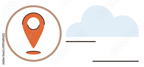 Navigation, cloud computing, location tracking, connectivity, cloud storage, geolocation. Orange pin icon inside a circle with a blue cloud. Navigation and cloud computing visually