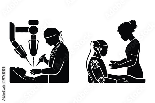 Vector illustration of robotic surgery and bionic arm with technology, operation