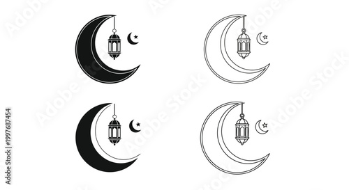 Crescent moon icons appear in four unique graphic styles featuring hanging lanterns and small stars to celebrate traditional religious observances throughout the year.