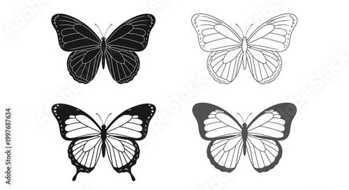 Butterflies are presented in four distinct graphic variations, including filled silhouettes and delicate line art outlines to enhance various creative design projects.